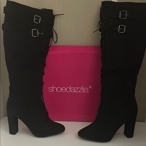 Shoe Dazzle Black Heeled Boots with Buckle Details